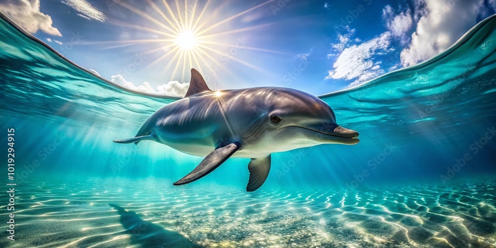 Obraz premium Playful Oceanic Dolphin Swimming Gracefully in Crystal Clear Blue Waters Under Bright Sunshine
