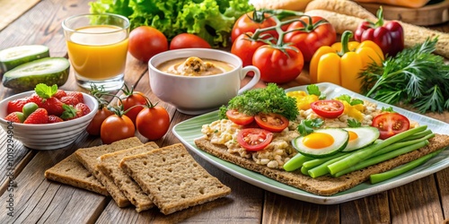 A Healthy and Colorful Breakfast with Toasted Bread, Fresh Vegetables, and a Sunny Side Up Egg