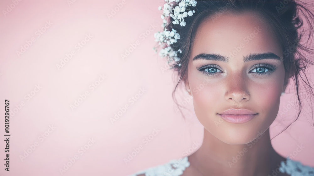 A young woman with a delicate floral crown smiles softly at the camera.