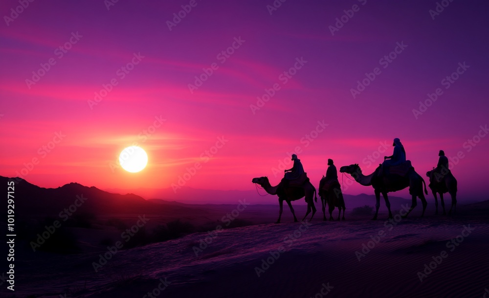 Camels and riders silhouetted against a vibrant sunset in the desert. Camels and riders silhouetted against a vibrant sunset in the desert.