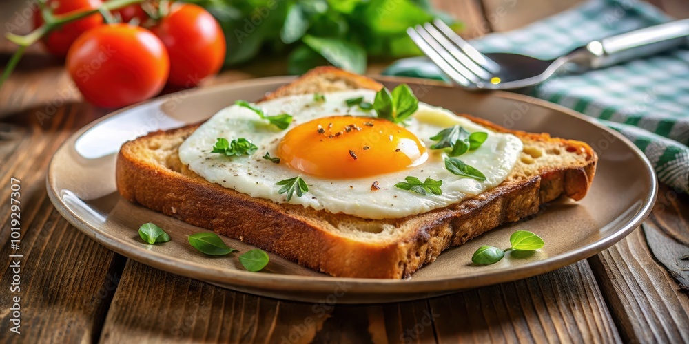 A Single Fried Egg on Toasted Bread with Fresh Herbs and a Sprinkle of Black Pepper on a Rustic Wooden Table A Single Fried Egg on Toasted Bread with Fresh Herbs and a Sprinkle of Black Pepper on a Rustic Wooden Table