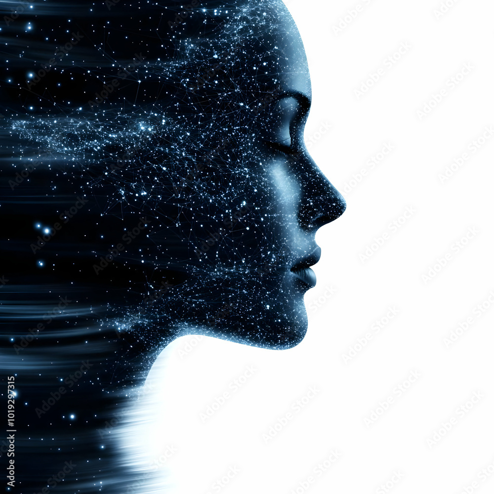 Abstract representation of a woman's profile merging with cosmic elements, symbolizing dreams and introspection. Abstract representation of a woman's profile merging with cosmic elements, symbolizing dreams and introspection.