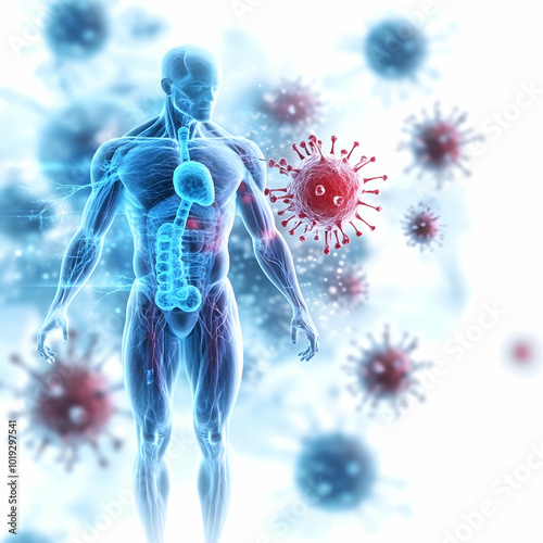 Anatomical representation of the human body surrounded by virus particles, depicting the interaction of health and disease. photo