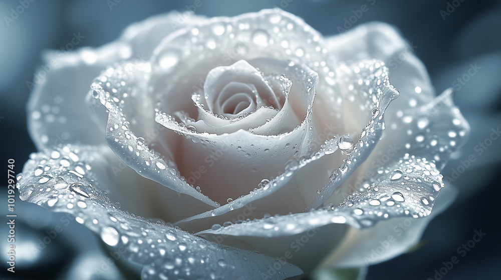 Close-Up Of Dew-Covered White Rose With Soft Lighting And Detailed Petals