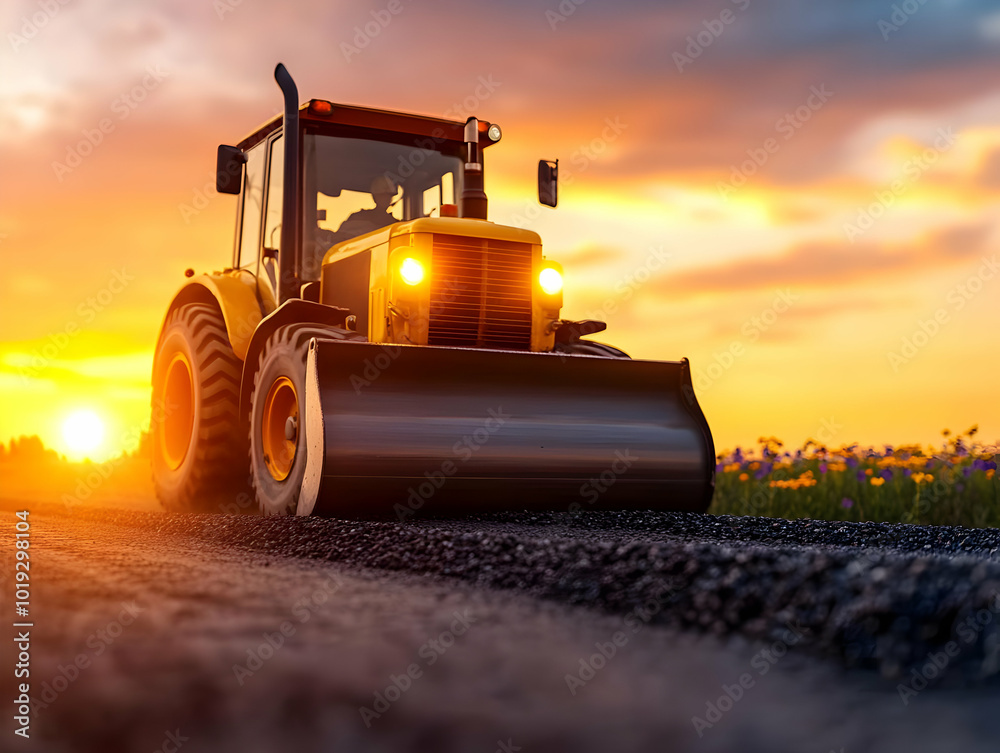 A bulldozer working at sunset, creating a new road surrounded by nature. A bulldozer working at sunset, creating a new road surrounded by nature.