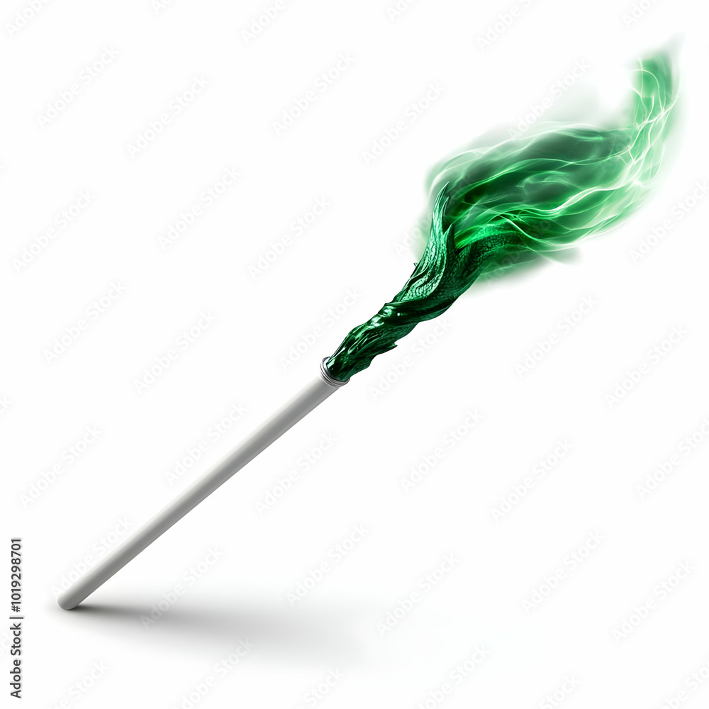A creatively designed matchstick with green flames, isolated on a white background, perfect for unique graphic designs. A creatively designed matchstick with green flames, isolated on a white background, perfect for unique graphic designs.