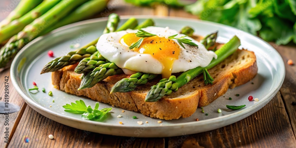 A Simple and Delicious Breakfast of Poached Egg and Asparagus on Toasted Bread A Simple and Delicious Breakfast of Poached Egg and Asparagus on Toasted Bread