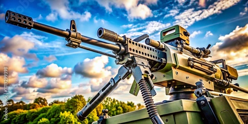 Powerful M2 .50 Caliber Machine Gun Displayed on Military Vehicle in Outdoor Setting photo