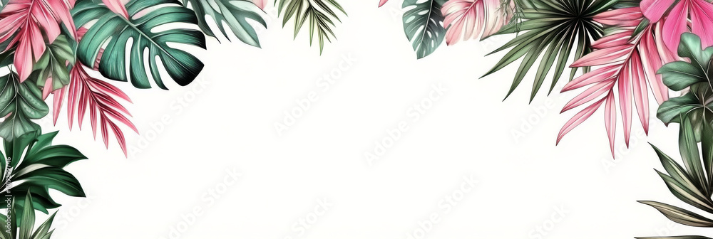 Tropical leaves frame a white background, creating a vibrant and summery border. Tropical leaves frame a white background, creating a vibrant and summery border.