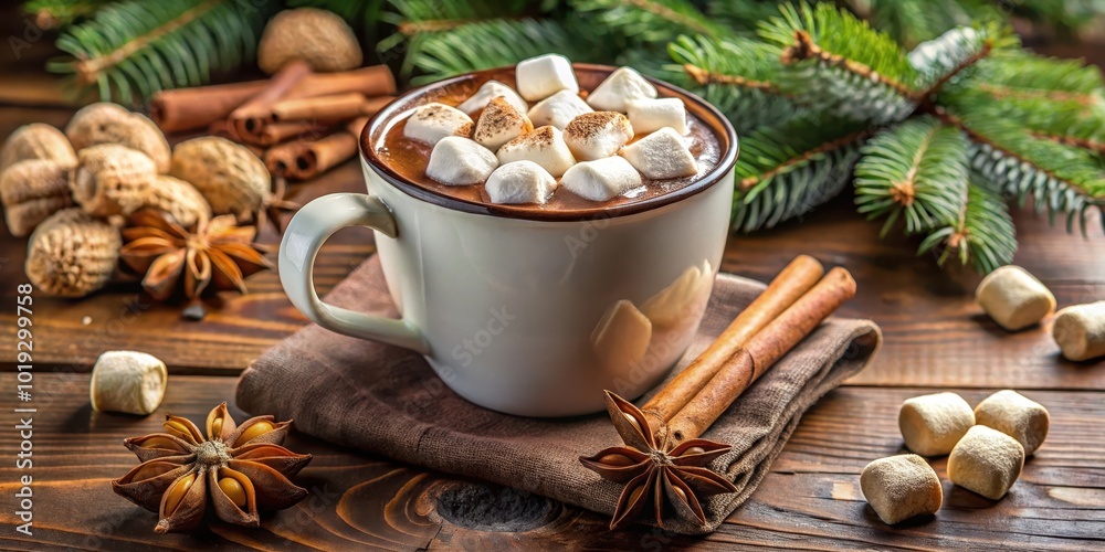 A Cup of Hot Chocolate Topped with Marshmallows and Surrounded by Warm Spices on a Wooden Table