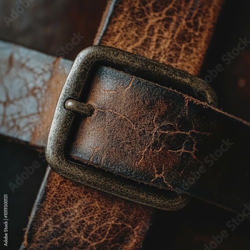 Close-Up of Distressed Leather Belt and Buckle