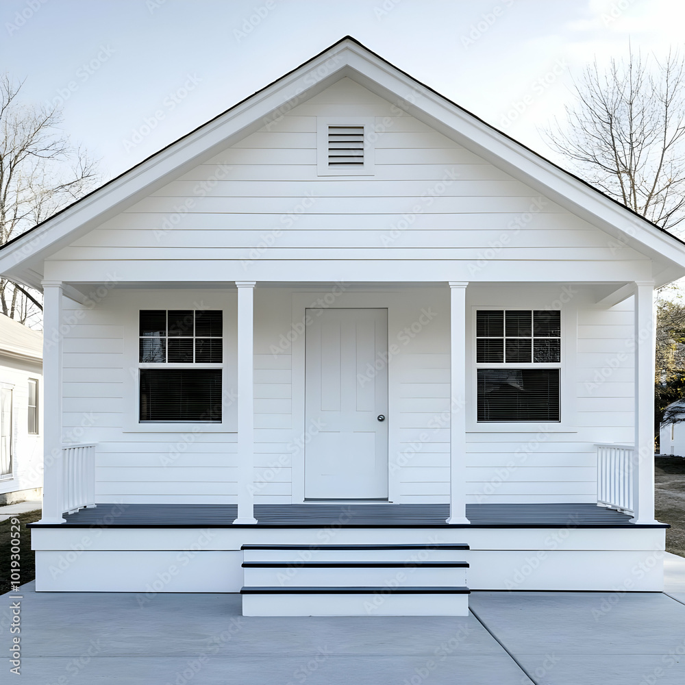 A modern white house with a porch and steps, featuring large windows and a clean design. A modern white house with a porch and steps, featuring large windows and a clean design.