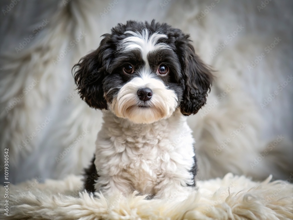 Lovely black and white Maltipoo sitting gracefully on a soft blanket, showcasing a delightful, playful expression that brings joy and warmth to every heart. Lovely black and white Maltipoo sitting gracefully on a soft blanket, showcasing a delightful, playful expression that brings joy and warmth to every heart.