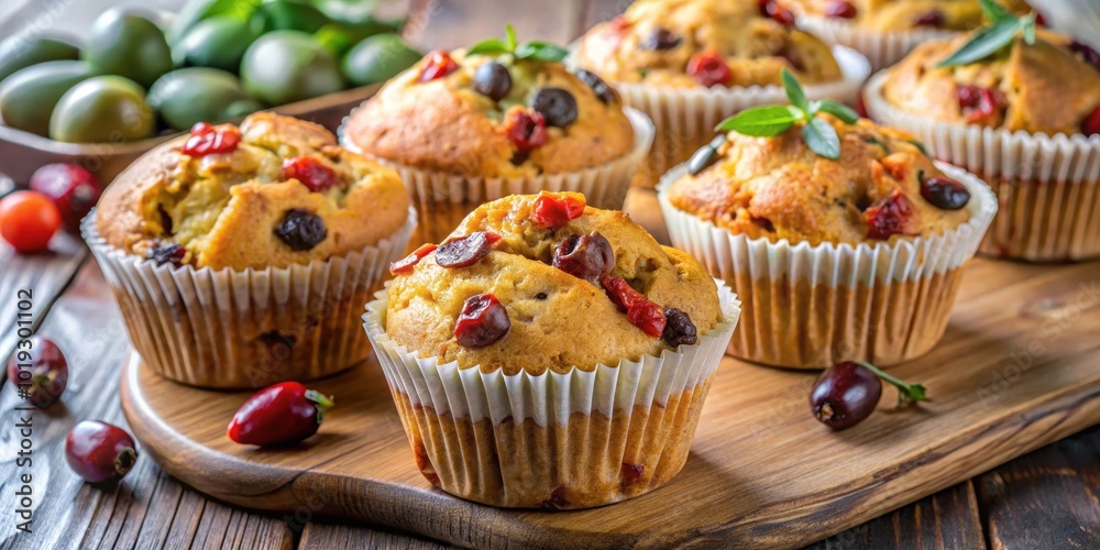 Close-up of freshly baked muffins with red berries and herbs on a rustic wooden surface. Close-up of freshly baked muffins with red berries and herbs on a rustic wooden surface.