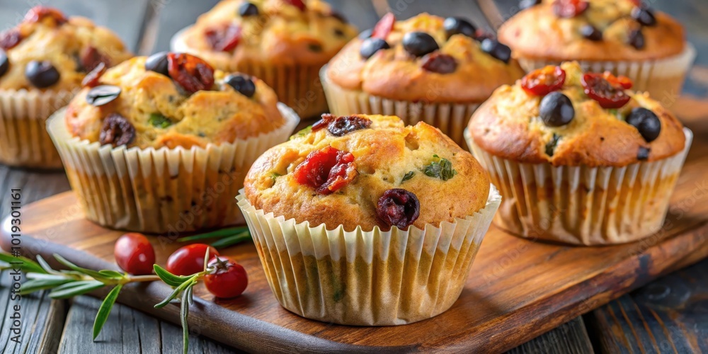 A close-up of freshly baked muffins with dried cranberries, blueberries, and rosemary sprigs resting on a wooden cutting board A close-up of freshly baked muffins with dried cranberries, blueberries, and rosemary sprigs resting on a wooden cutting board