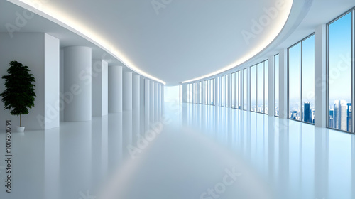 A spacious, modern interior with tall windows and sleek design showcasing a panoramic city view.