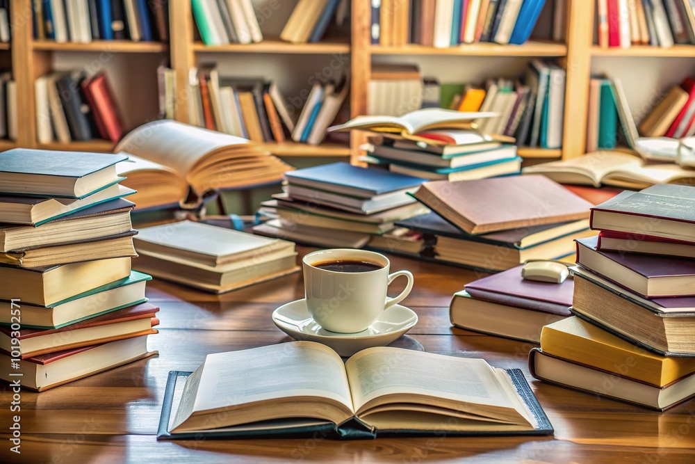 Open book and scattered notes on a cluttered desk, surrounded by empty coffee cups and stacks of textbooks, conveying a sense of intense academic focus. Open book and scattered notes on a cluttered desk, surrounded by empty coffee cups and stacks of textbooks, conveying a sense of intense academic focus.