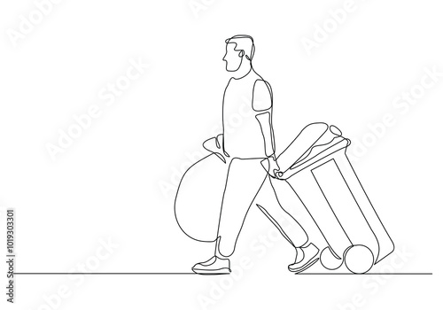 Continuous single line sketch drawing of man holding pushing rubbish bin garbage plastic box container trash can one line vector illustration
