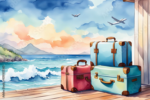 Watercolour Illustration colorful suitcase on a tropical resort is trip on the beach sea ,scene is peaceful and relaxing.Craft a watercolor Travel Bags a vacation warm summer climate theme