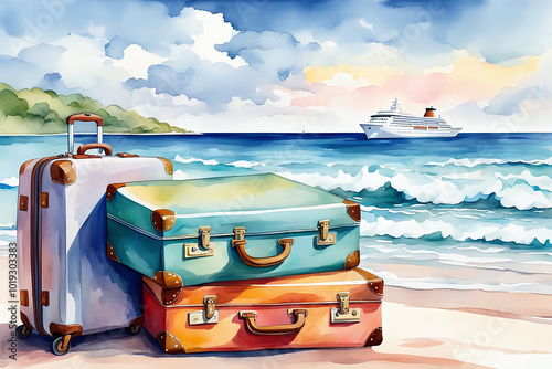 Watercolour Illustration colorful suitcase on a tropical resort is trip on the beach sea ,scene is peaceful and relaxing.Craft a watercolor Travel Bags a vacation warm summer climate theme