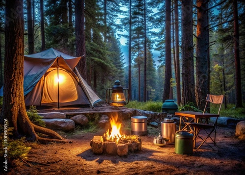 Rustic, lantern-lit campsite at dusk, surrounded by towering trees, with a crackling vintage camping stove and worn, nostalgic outdoor gear scattered about. photo