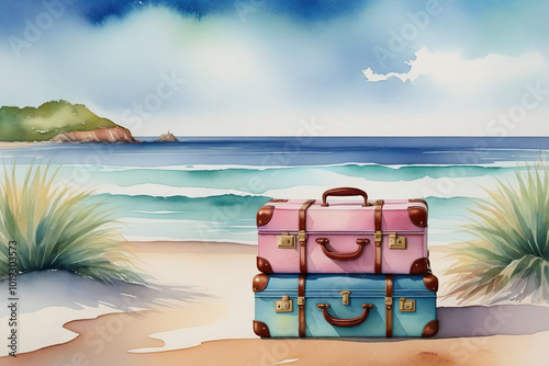 Watercolour Illustration colorful suitcase on a tropical resort is trip on the beach sea ,scene is peaceful and relaxing.Craft a watercolor Travel Bags a vacation warm summer climate theme