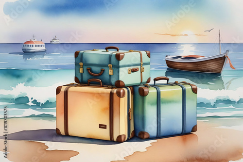 Watercolour Illustration colorful suitcase on a tropical resort is trip on the beach sea ,scene is peaceful and relaxing.Craft a watercolor Travel Bags a vacation warm summer climate theme