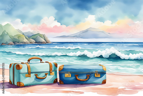 Watercolour Illustration colorful suitcase on a tropical resort is trip on the beach sea ,scene is peaceful and relaxing.Craft a watercolor Travel Bags a vacation warm summer climate theme