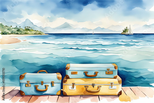 Watercolour Illustration colorful suitcase on a tropical resort is trip on the beach sea ,scene is peaceful and relaxing.Craft a watercolor Travel Bags a vacation warm summer climate theme
