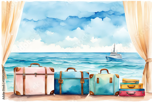 Watercolour Illustration colorful suitcase on a tropical resort is trip on the beach sea ,scene is peaceful and relaxing.Craft a watercolor Travel Bags a vacation warm summer climate theme