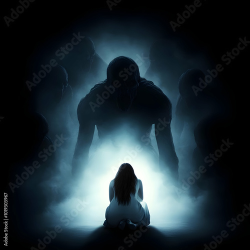 A woman sits in darkness, illuminated by a mystical light, surrounded by shadowy figures, evoking feelings of fear and introspection. photo