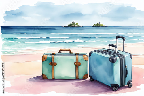 Watercolour Illustration colorful suitcase on a tropical resort is trip on the beach sea ,scene is peaceful and relaxing.Craft a watercolor Travel Bags a vacation warm summer climate theme