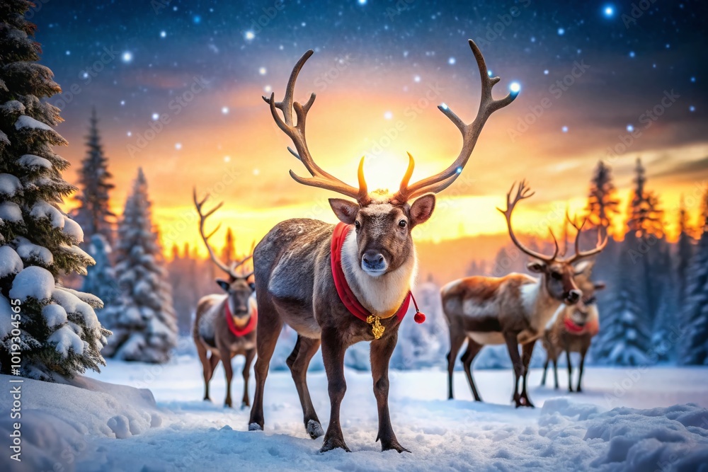 Realistic depiction of Santa's reindeer in a snowy landscape during the holiday season celebration