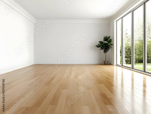 Wallpaper Mural Bright and spacious empty room with wooden floor and large windows, showcasing natural light and a touch of greenery. Torontodigital.ca