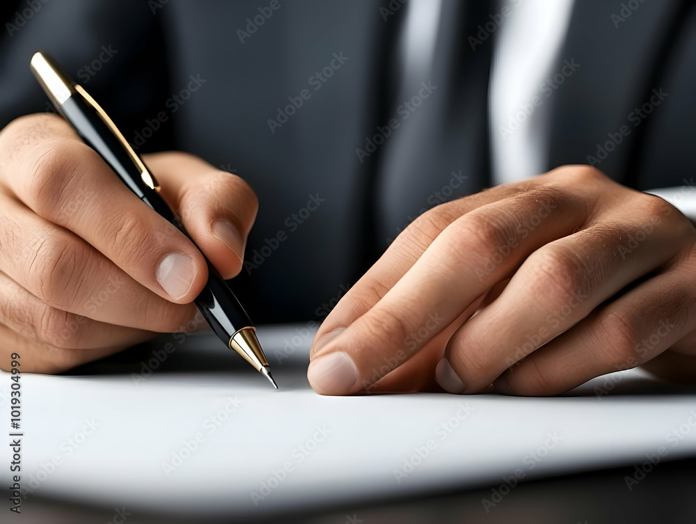 Businessman writing on a blank sheet with a pen, conveying professionalism and focus. Businessman writing on a blank sheet with a pen, conveying professionalism and focus.