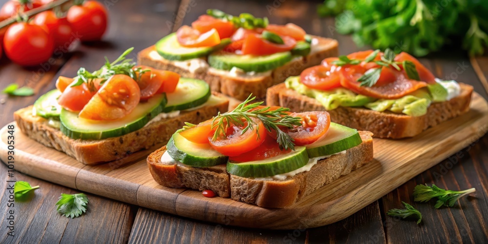 A Close-Up of Fresh, Vibrant Sandwiches with Cucumber, Tomato, and Cream Cheese on a Wooden Cutting Board