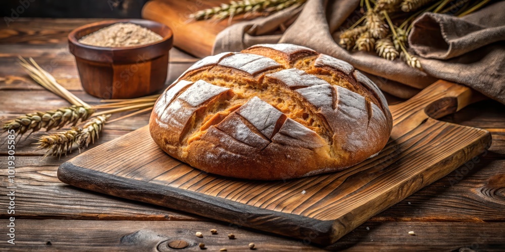 A freshly baked loaf of bread sits on a wooden cutting board, surrounded by wheat stalks and a bowl of flour, on a rustic wooden table. A freshly baked loaf of bread sits on a wooden cutting board, surrounded by wheat stalks and a bowl of flour, on a rustic wooden table.