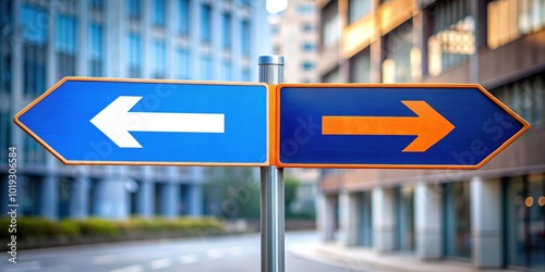 Two arrow signs pointing in opposite directions, blue and orange, standing out against a blurred grey city street background, conveying conflict and differing opinions. photo