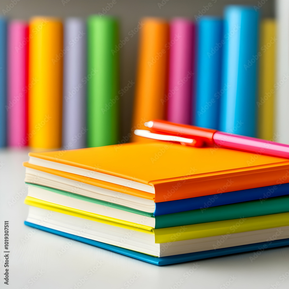 Colorful stationery items arranged creatively on a desk, ideal for study or office environments. Colorful stationery items arranged creatively on a desk, ideal for study or office environments.