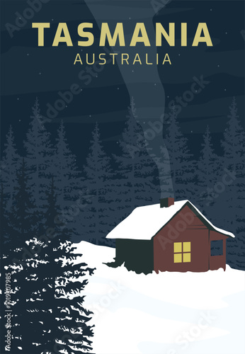 snow cabin in tasmania poster vintage vector illustration design. national park in australia vintage poster