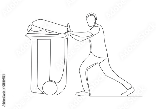 Continuous single line sketch drawing of man holding pushing rubbish bin garbage plastic box container trash can one line vector illustration
