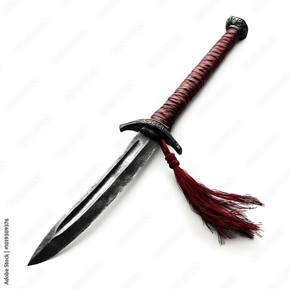 Detailed close-up of a traditional dagger with an ornate handle and a red tassel, set against a white background. Detailed close-up of a traditional dagger with an ornate handle and a red tassel, set against a white background.