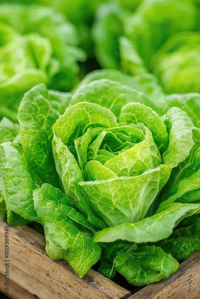 Fresh Green Romaine Lettuce in Wooden Box Display Fresh Green Romaine Lettuce in Wooden Box Display