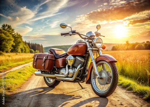 Vintage motorcycle parked on a sunny rural road, gleaming chrome pipes and worn leather saddle evoking a sense of freedom and nostalgia for the open road.