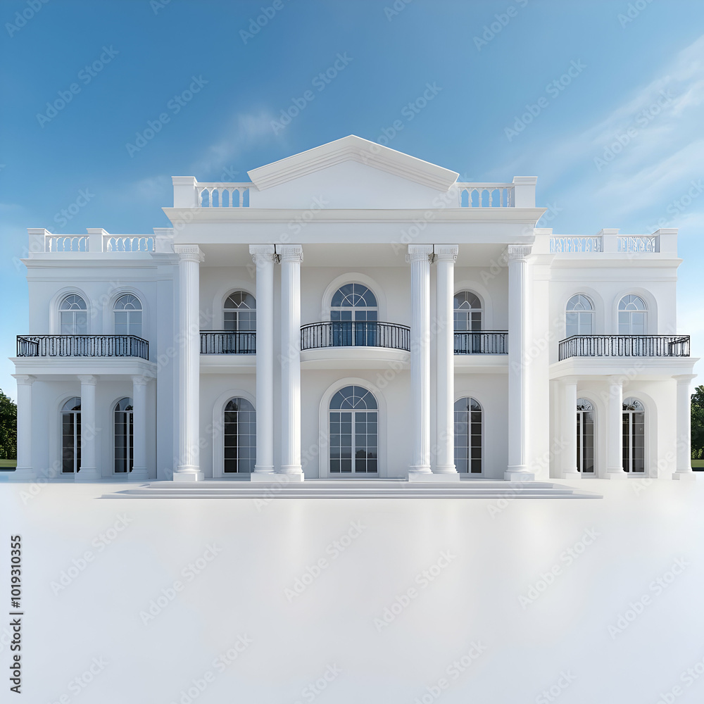 Obraz premium Elegant white mansion with grand columns and large windows, set against a clear blue sky.