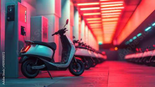 futuristic urban setting featuring multiple electric scooters charging in vibrant, neon lit environment. scene captures essence of modern transportation and technology