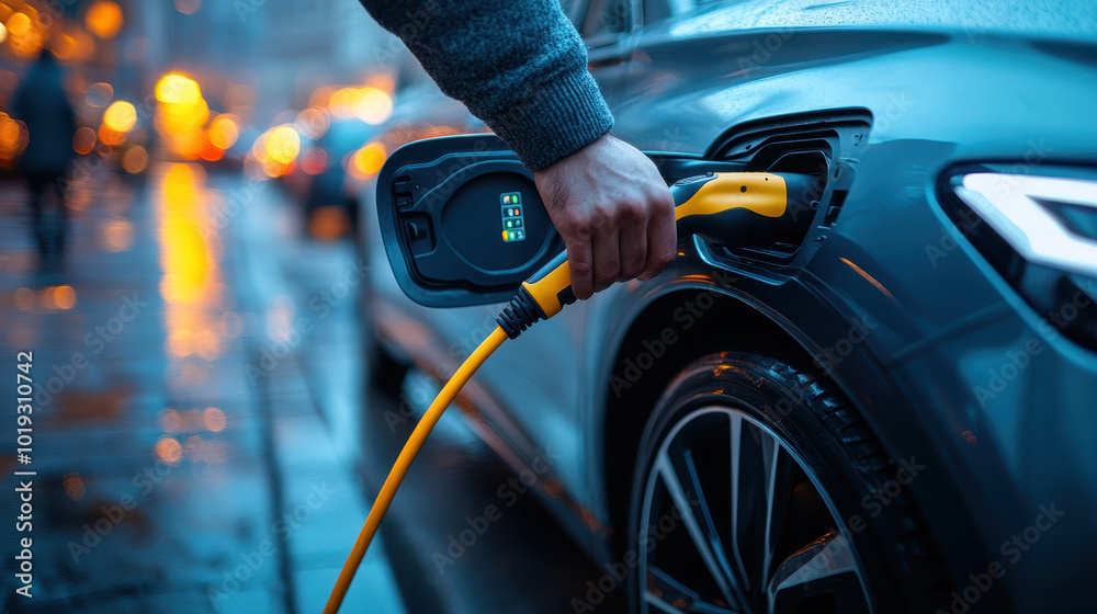 close up of human hand pulling electric vehicle charger, showcasing vibrant yellow cable against sleek car. scene captures essence of modern transportation and sustainability close up of human hand pulling electric vehicle charger, showcasing vibrant yellow cable against sleek car. scene captures essence of modern transportation and sustainability