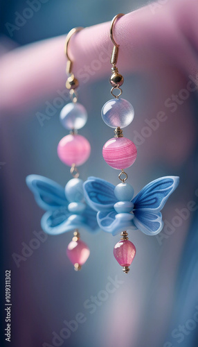 A striking pair of butterfly earrings featuring delicate pink and blue beads, embodying elegance and femininity. Perfect for adding a whimsical touch to any outfit.

