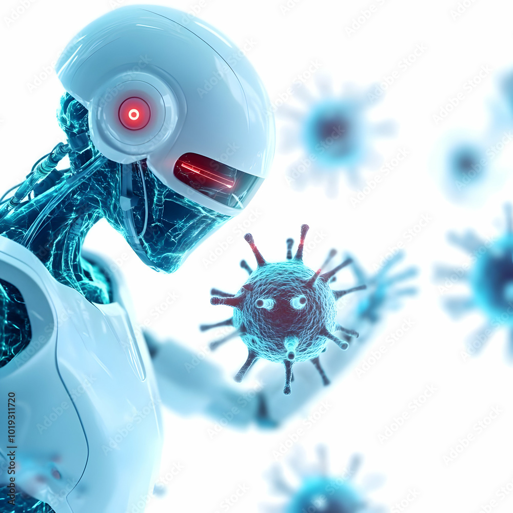 Fototapeta premium Futuristic robot interacting with a virus; digital art showcasing technology and health concepts.