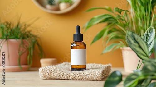 Natural Oil Bottle on Rustic Surface with Green Plants